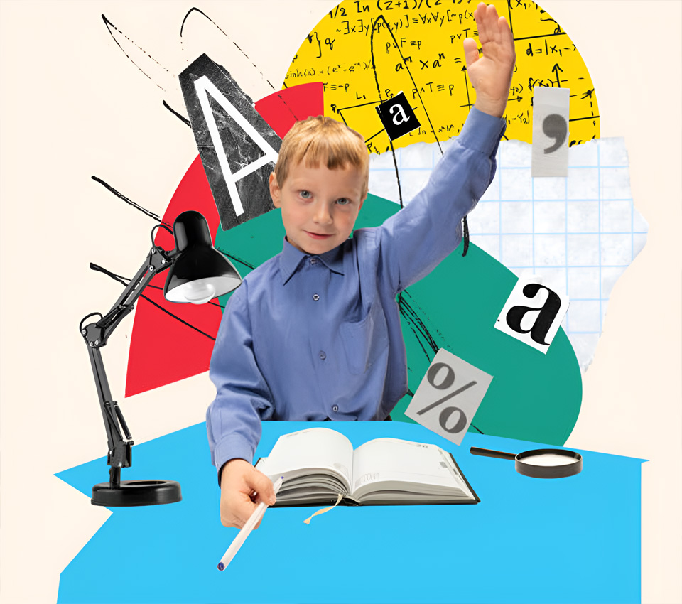 A child in a blue shirt raises his hand excitedly at a desk with an open notebook, a lamp, and various educational symbols in the background.